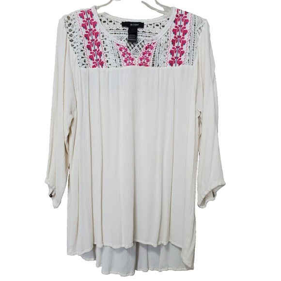 Ali Miles Off-White Gauzy Embroidered Crochet Detail Peasant Blouse Size Large - Picture 1 of 6